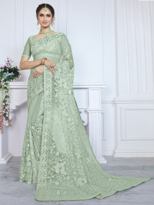 odette Embroidered Saree with Attached Blouse Net Saree(Green)