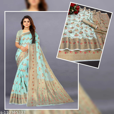 WEYLIN Woven, Printed, Self Design, Floral Print Bollywood Cotton Silk, Jacquard Saree(Light Blue)