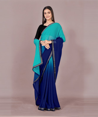 MM BROTHERS Applique Bollywood Georgette Saree(Blue)