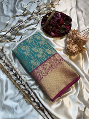 PENNINSWAG Woven Kanjivaram Silk Blend Saree(Light Blue)