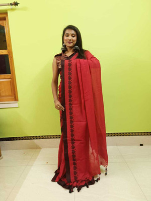 Ganesh plastic and industry Solid/Plain Handloom Cotton Silk Saree(Red)
