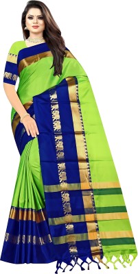 MoonTextile Temple Border Assam Silk Cotton Silk Saree(Light Green, Blue)