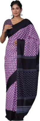 Kiaaron Hand Painted, Printed, Self Design, Blocked Printed Ikkat Pure Cotton Saree(Purple)