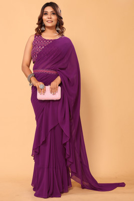 MYSTERY BOX Embroidered Pre Draped Saree Georgette Saree(Purple)
