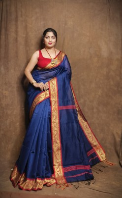 Ganesh plastic and industry Printed Tant Cotton Silk Saree(Dark Blue)