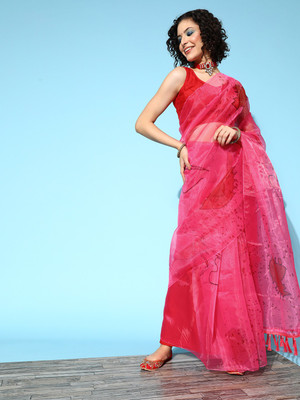 Kimisha Floral Print Bollywood Organza Saree(Pink)