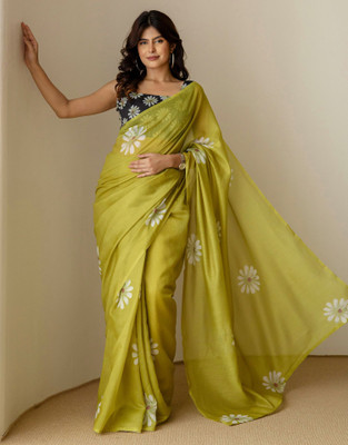Satrani Printed Bollywood Chanderi, Cotton Blend Saree(Green)