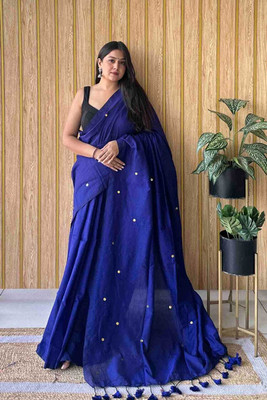 Bengal S Self Design Handloom Cotton Blend Saree(Blue)
