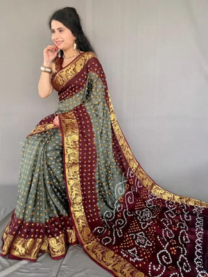 rajranitextiles Printed Bandhani Georgette Saree(Grey, Red)