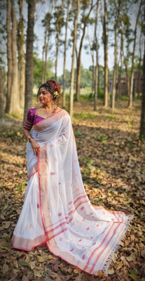 SAYAN CREATION Self Design Handloom Pure Cotton Saree(White)