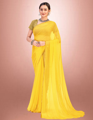 HouseOfCommon Solid/Plain Bollywood Jacquard, Chiffon Saree(Yellow)