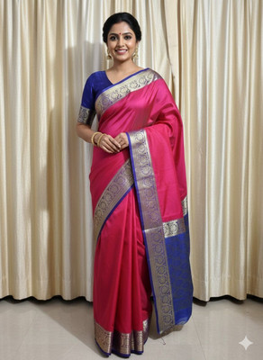 Maa vaishno collection Solid/Plain, Woven, Self Design Banarasi Silk Blend Saree(Pink, Blue)