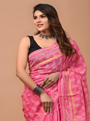 Taavi Blocked Printed Daily Wear Cotton Blend Saree(Pink)