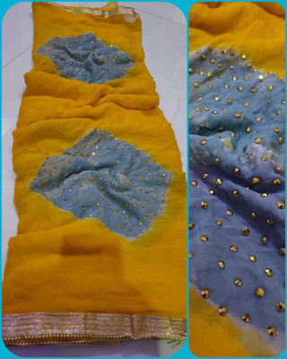 KAKADIYA CREATION Checkered Bandhani Chiffon Saree(Yellow)