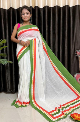 Joyguru Textile Printed Handloom Pure Cotton Saree(White)