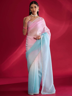 all about you Embellished, Solid/Plain Bollywood Tissue Saree(Light Blue, Pink)