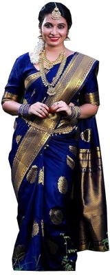 FIFFON Woven Kanjivaram Art Silk, Pure Silk Saree(Dark Blue)