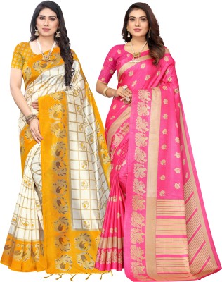 Madhumeena Printed Bollywood Art Silk Saree(Pack of 2, Yellow, Pink)