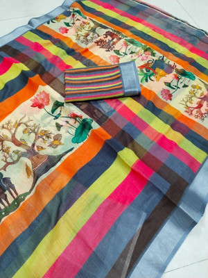 HouseOfCommon Striped, Printed Bollywood Pure Cotton, Cotton Linen Saree(Multicolor)