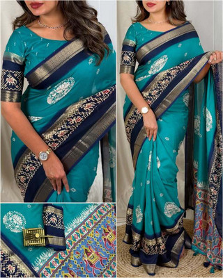 Dhanlaxmi CreationLLP Woven, Temple Border, Blocked Printed Kalamkari Muslin Saree(Light Blue)