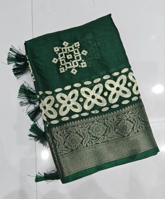 J6 Designers Printed Hand Batik Cotton Silk Saree(Green)