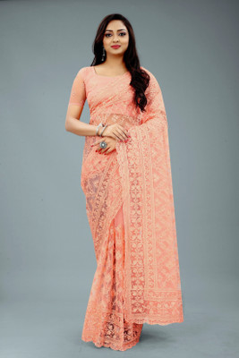 Noise Embroidered Bollywood Net Saree(Orange)