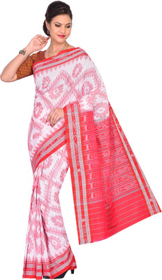 handloom paridhaan Hand Painted, Self Design Handloom Pure Cotton Saree(White, Red)
