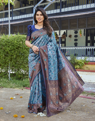 YASHIKA Floral Print Kanjivaram Art Silk Saree(Blue)