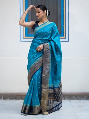 Aspora Woven Banarasi Silk Blend Saree(Light Blue, Dark Blue)