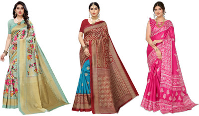 YASHIKA Printed Bhagalpuri Art Silk Saree(Pack of 3, Light Green, Blue, Red, Pink)