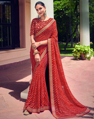 SIRIL Striped, Embellished Bandhani Georgette Saree(Red, Gold)