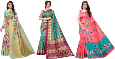 ANIRAV Printed Kasavu Art Silk Saree(Pack of 3, Light Green, Blue, Pink)