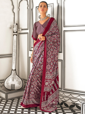 Sareemall Printed Hand Batik Crepe Saree(Maroon)