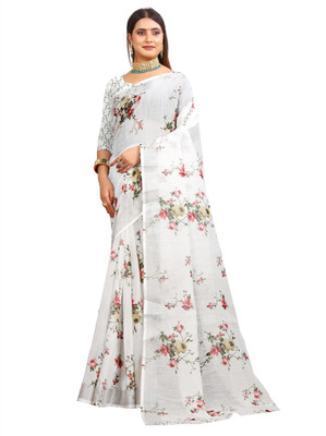 G GAJAL INTERNATIONAL Printed Kanjivaram Pure Cotton, Cotton Linen Saree(White)