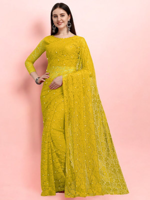 NORAFLEX Embroidered Bollywood Net Saree(Yellow)