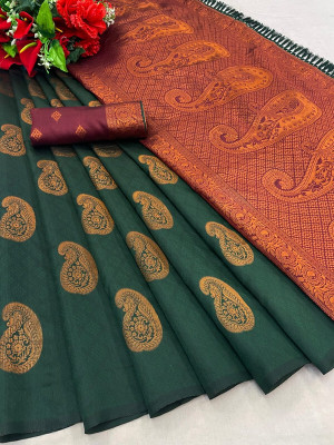 STYLEVEDA Woven Banarasi Cotton Silk Saree(Dark Green)