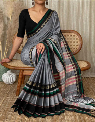Bengal S Woven Handloom Cotton Blend Saree(Grey)