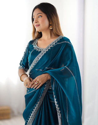 Satrani Embroidered, Embellished Bollywood Jimmy choo, Tissue Saree(Blue)
