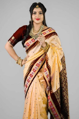 Weaver store Temple Border Sambalpuri Art Silk Saree(Cream)