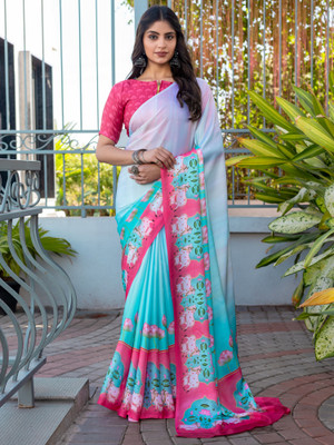Sareemall Printed Kalamkari Satin Saree(Light Blue)