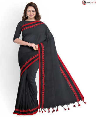 HouseOfCommon Solid/Plain Handloom Cotton Blend Saree(Black, Red)