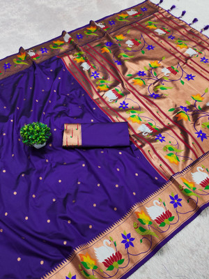 PANZORA Woven Paithani Cotton Silk Saree(Blue)