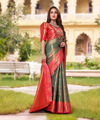 jayant creation Self Design, Woven Banarasi Silk Blend, Jacquard Saree(Dark Green)