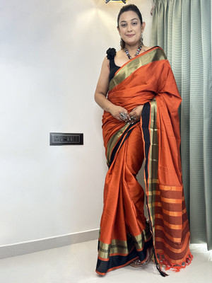 Sareemall Color Block Daily Wear Cotton Silk Saree(Orange)