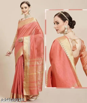 PRIYESHA TEXTILES Striped Assam Silk Cotton Blend, Cotton Linen Saree(Orange)