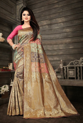 RUCHAA FASHION Woven Banarasi Art Silk Saree(Gold, Multicolor)