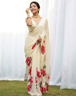NH TEX Printed Bollywood Satin Saree(Cream)