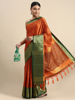 Julee Solid/Plain Banarasi Cotton Silk Saree(Orange)