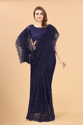 Noise Embroidered Bollywood Net Saree(Dark Blue)
