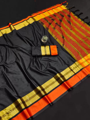 Soor Panchi Solid/Plain Banarasi Cotton Blend Saree(Black)